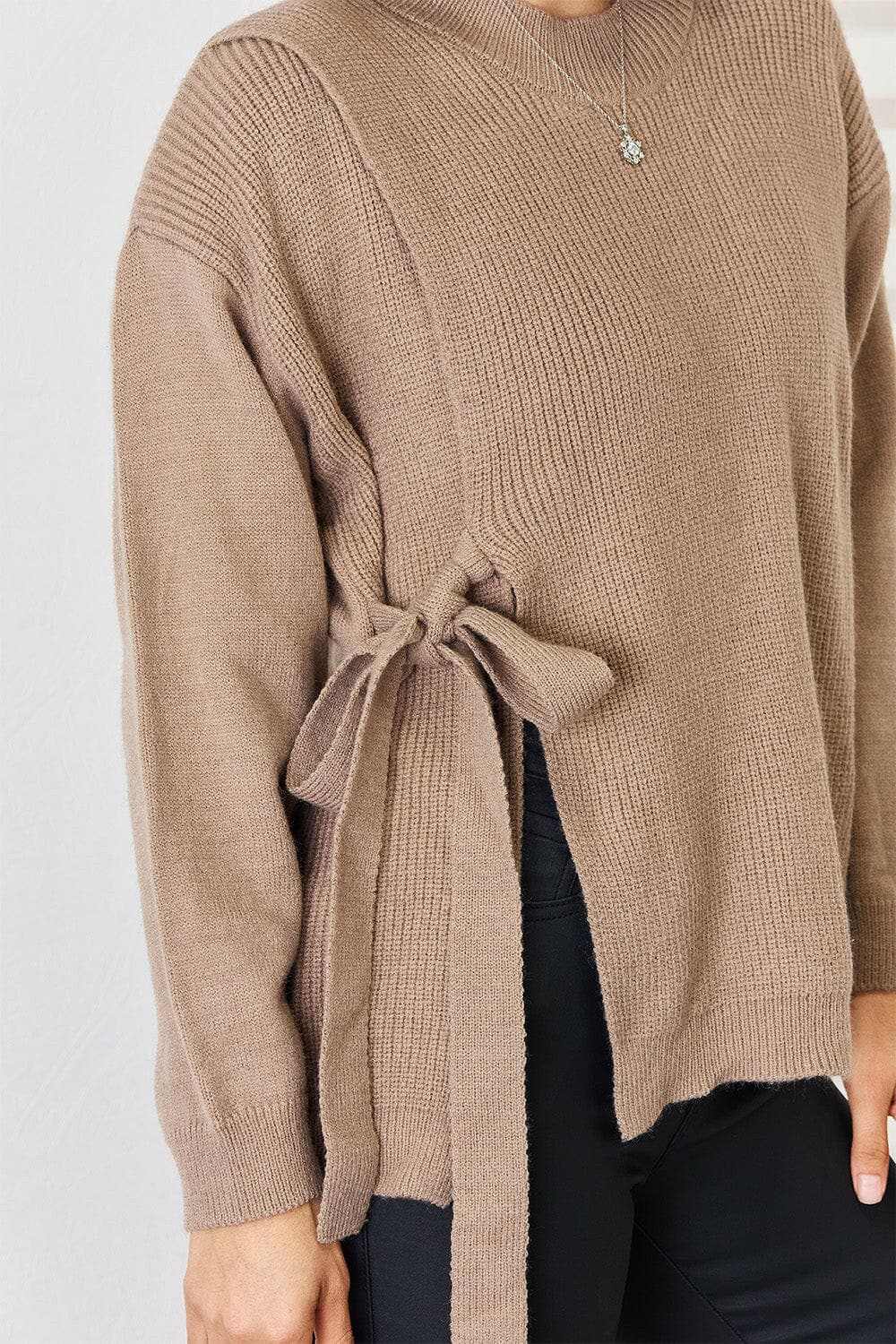 Chic slit tied dropped shoulder sweater - Love Salve